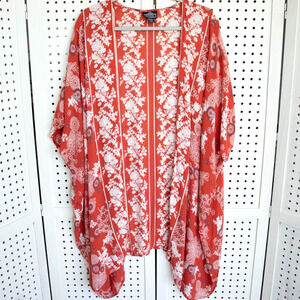 Angie Floral Open Front Kimono SIZE L Boho Lightweight Cover-up Orange